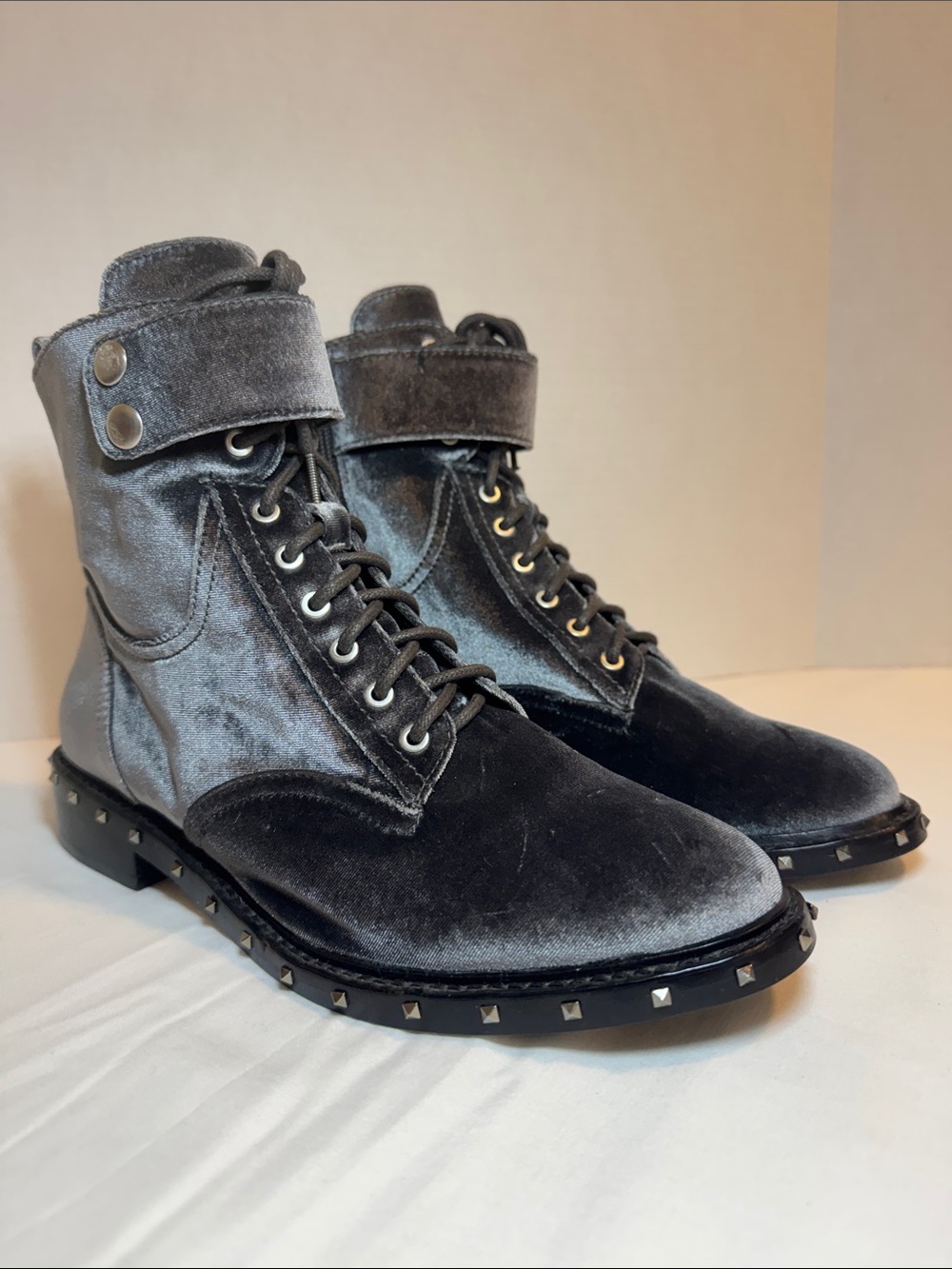 Vince Camuto Women’s Gray Satin Combat Boots with Studded Sole & Buckle Strap